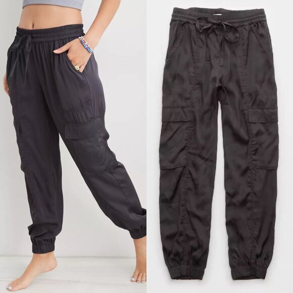 Aerie Smoked Gray Satin Elastic Waist Cargo Jogger Pants - Picture 1 of 6